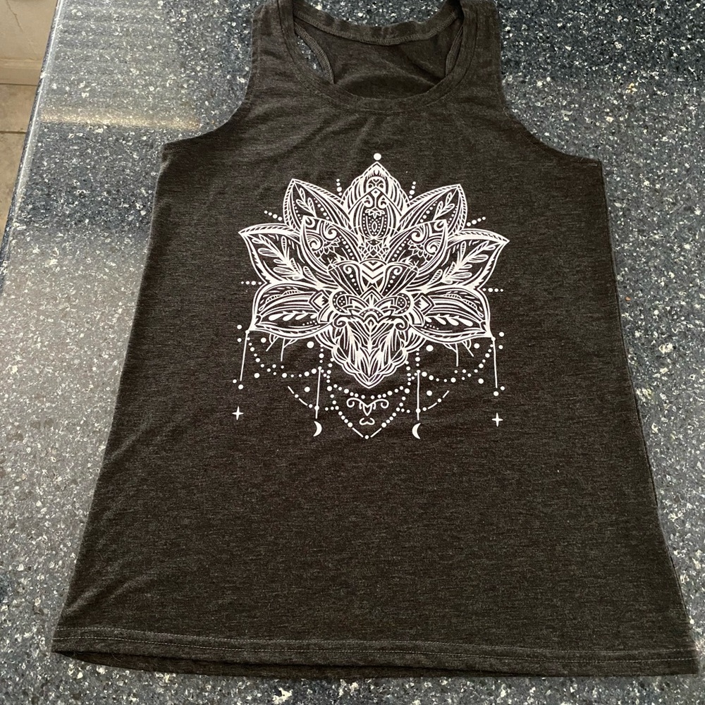 Women's Charcoal Graphic Tank Top with White Mandala Print